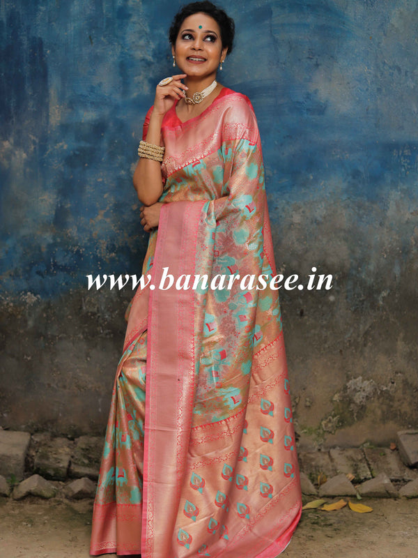 Banarasee Handwoven Semi-Katan Silk Meena & Zari Design Saree-Peach
