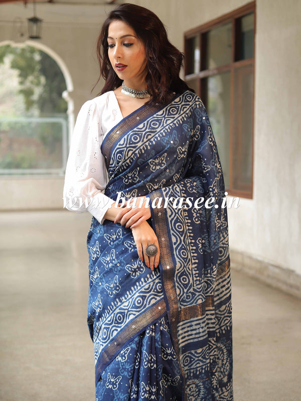 Handloom Maheshwari Silk Bagru Block Printed Mirror Work Saree-Blue
