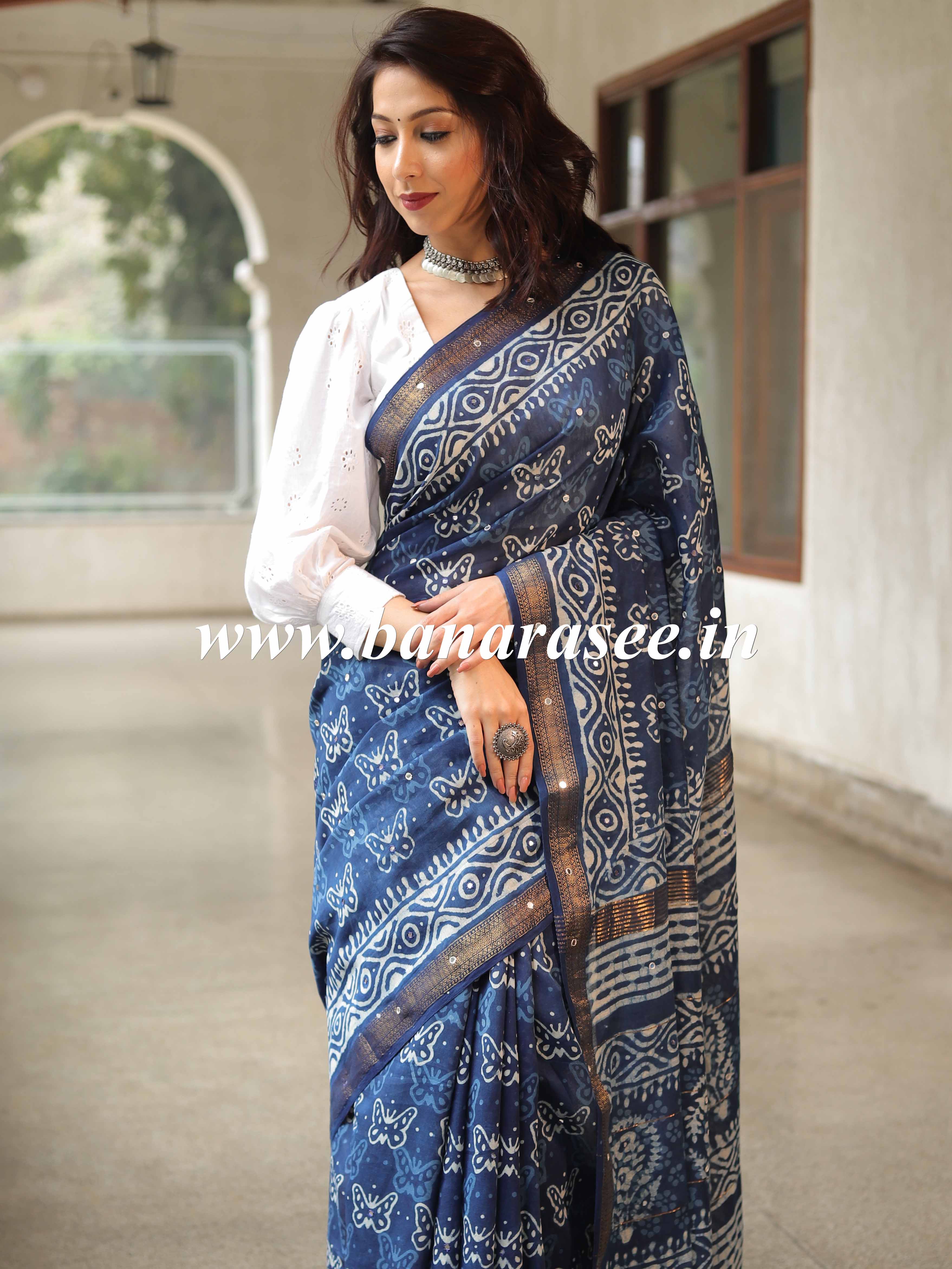 Handloom Maheshwari Silk Bagru Block Printed Mirror Work Saree-Blue