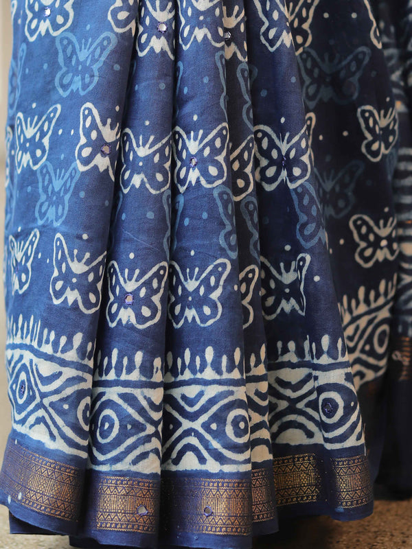Handloom Maheshwari Silk Bagru Block Printed Mirror Work Saree-Blue