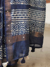 Handloom Maheshwari Silk Bagru Block Printed Mirror Work Saree-Blue