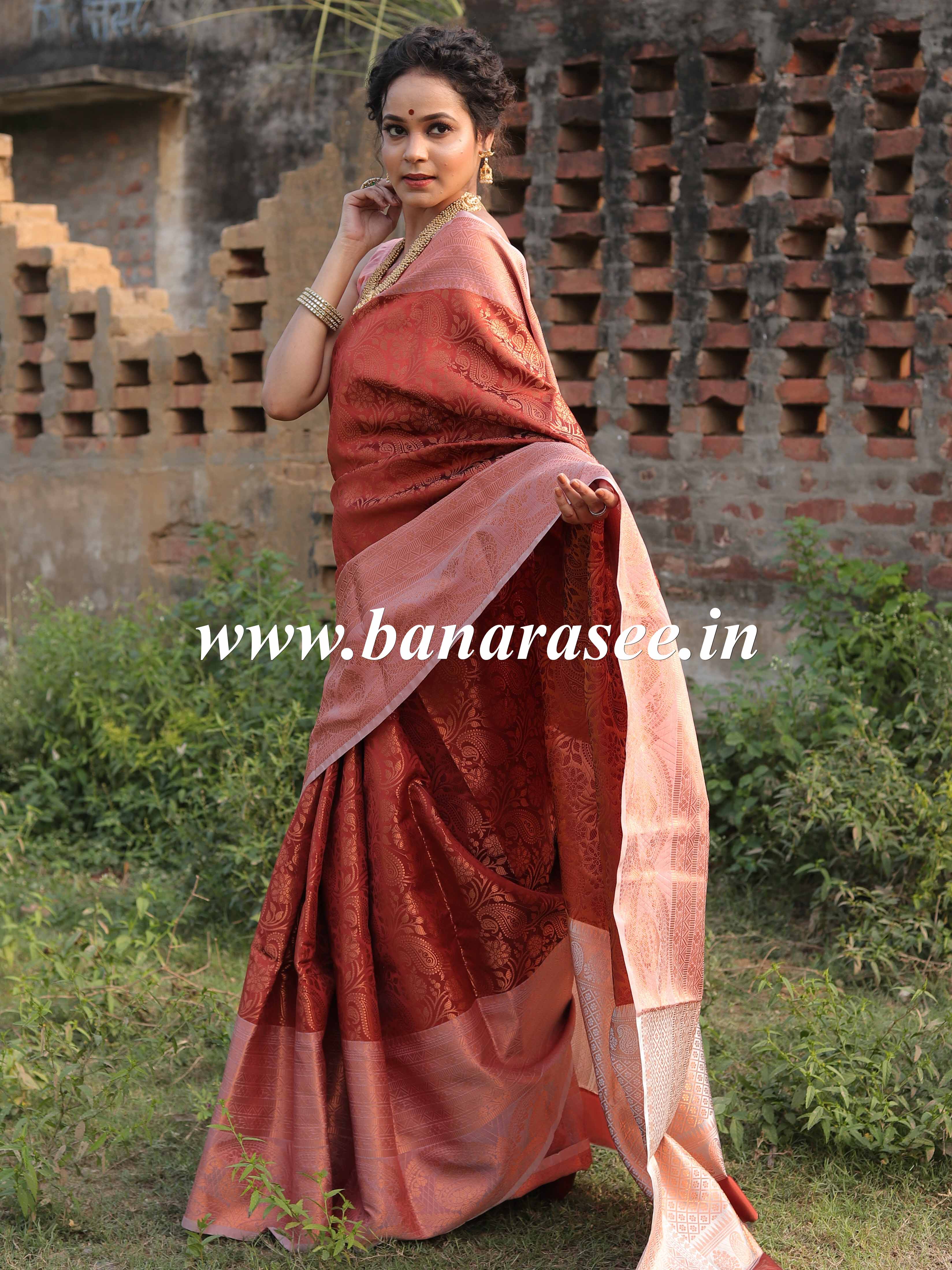 Banarasee Handwoven Semi Silk Saree With Self Weaving Copper Zari Design-Brown