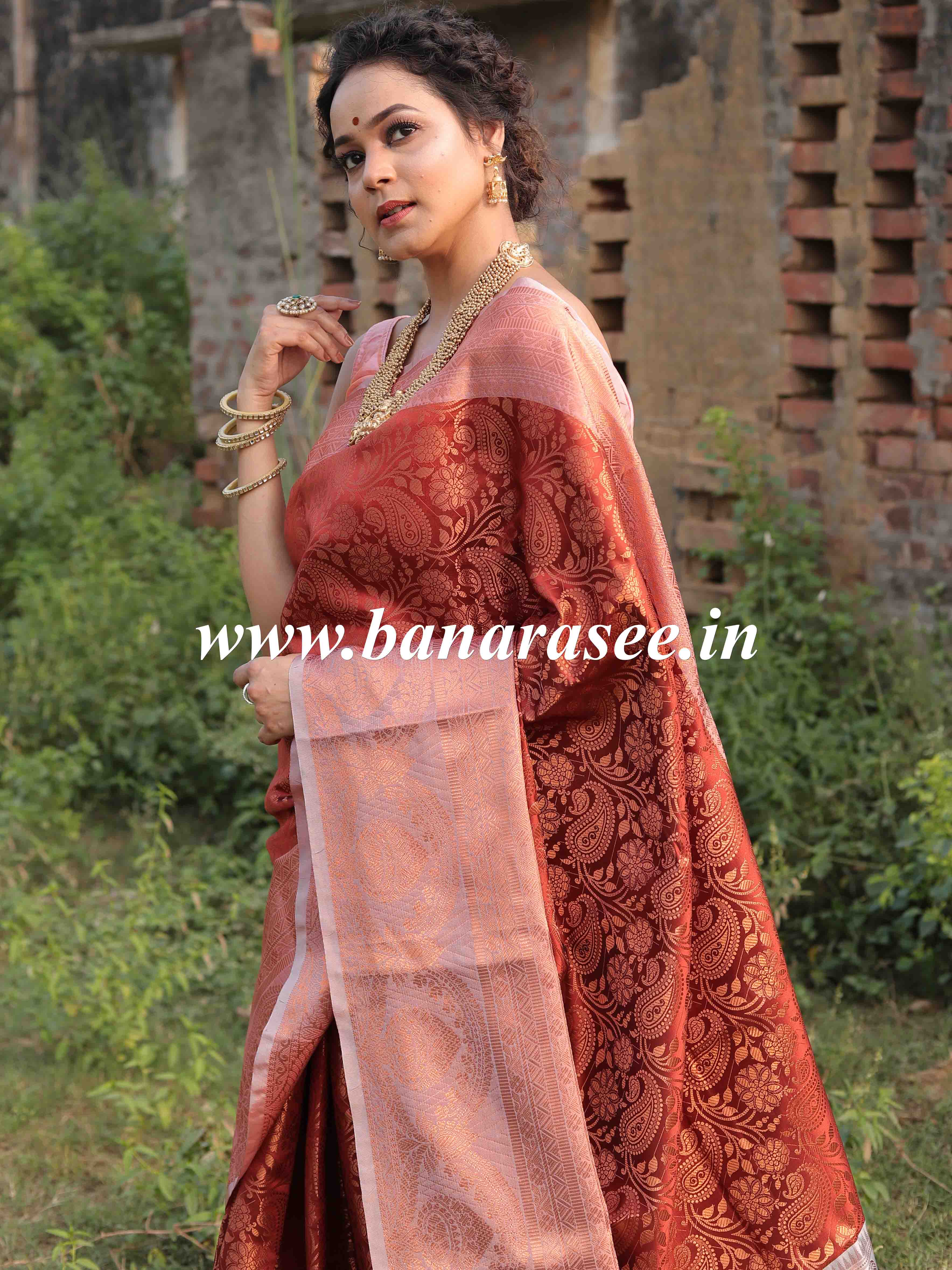 Banarasee Handwoven Semi Silk Saree With Self Weaving Copper Zari Design-Brown