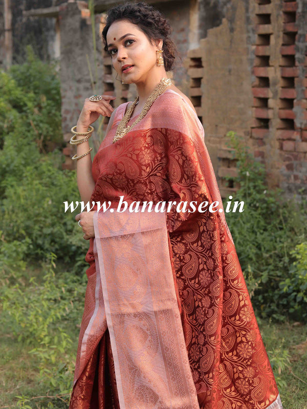 Banarasee Handwoven Semi Silk Saree With Self Weaving Copper Zari Design-Brown
