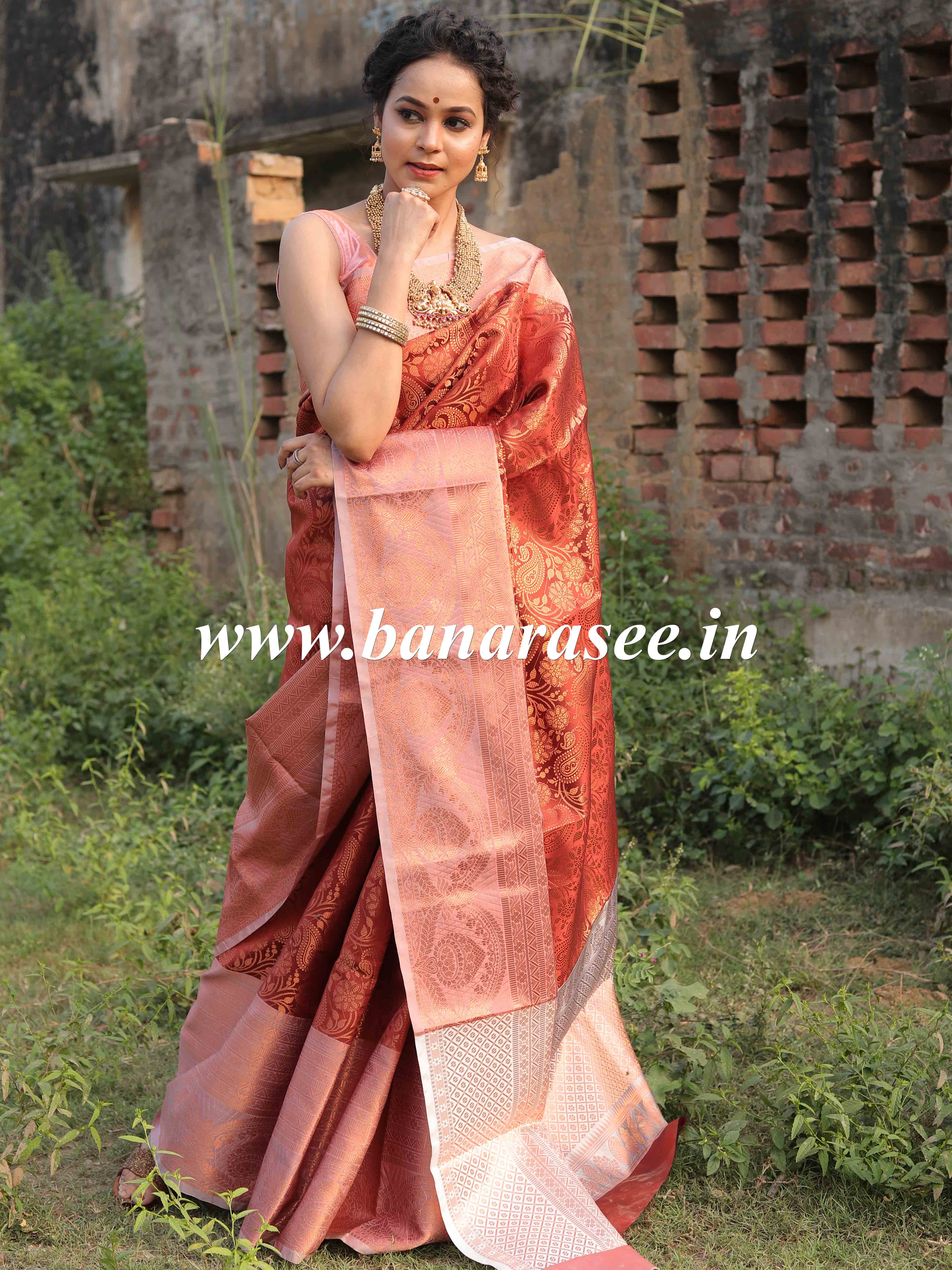 Banarasee Handwoven Semi Silk Saree With Self Weaving Copper Zari Design-Brown