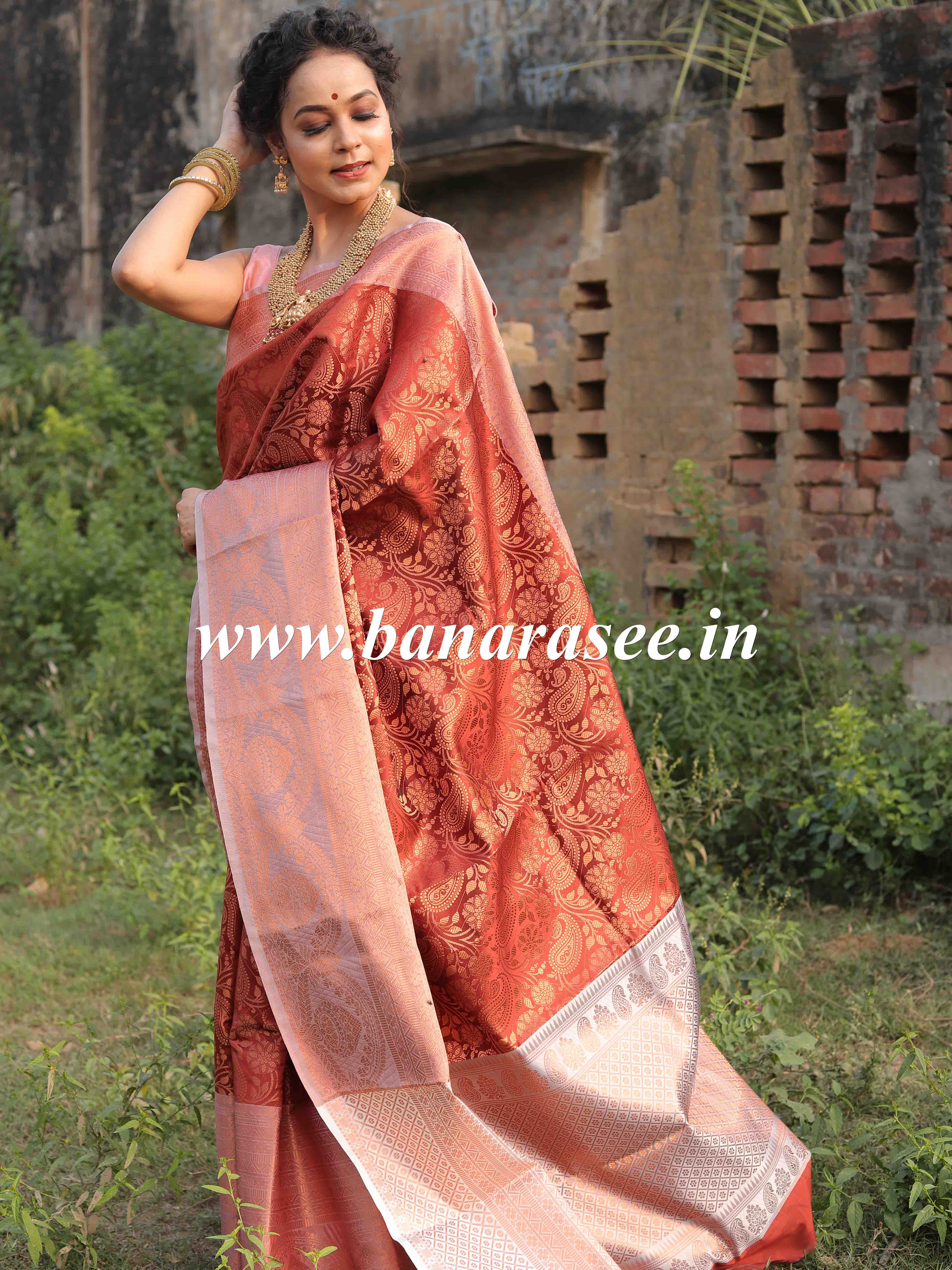 Banarasee Handwoven Semi Silk Saree With Self Weaving Copper Zari Design-Brown