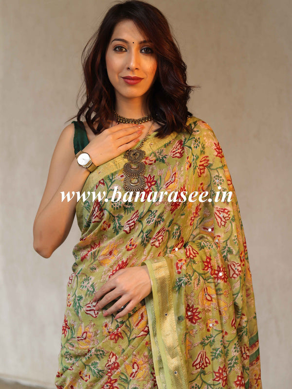 Handloom Maheshwari Silk Bagru Block Printed Mirror Work Saree-Green