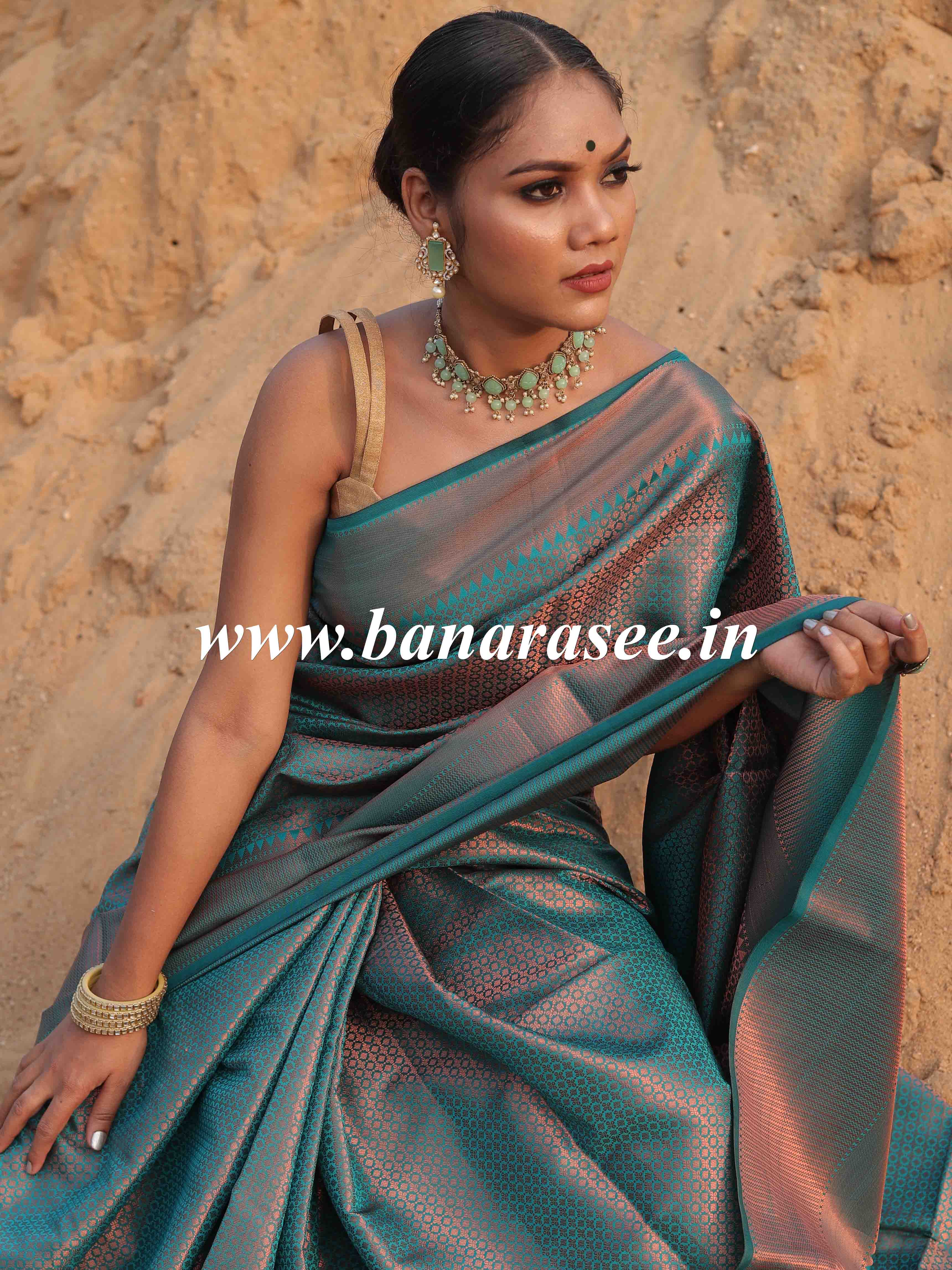 Banarasee Handwoven Semi Silk Saree With Copper Zari Design-Green
