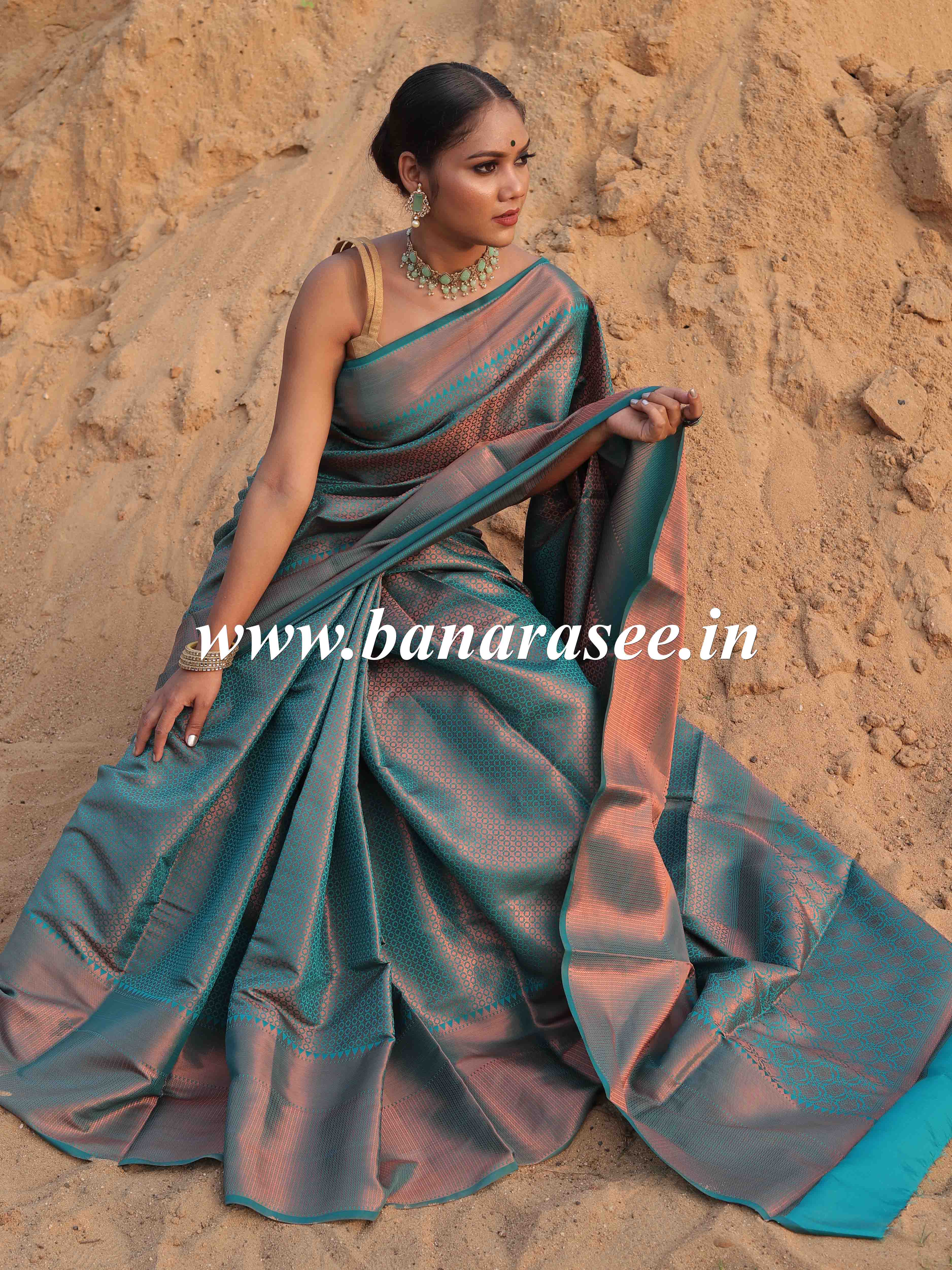 Banarasee Handwoven Semi Silk Saree With Copper Zari Design-Green
