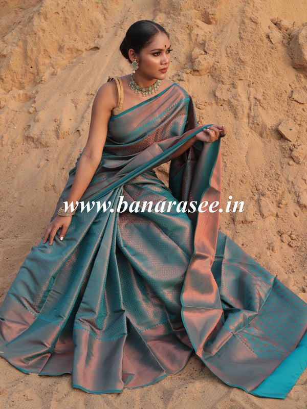 Banarasee Handwoven Semi Silk Saree With Copper Zari Design-Green