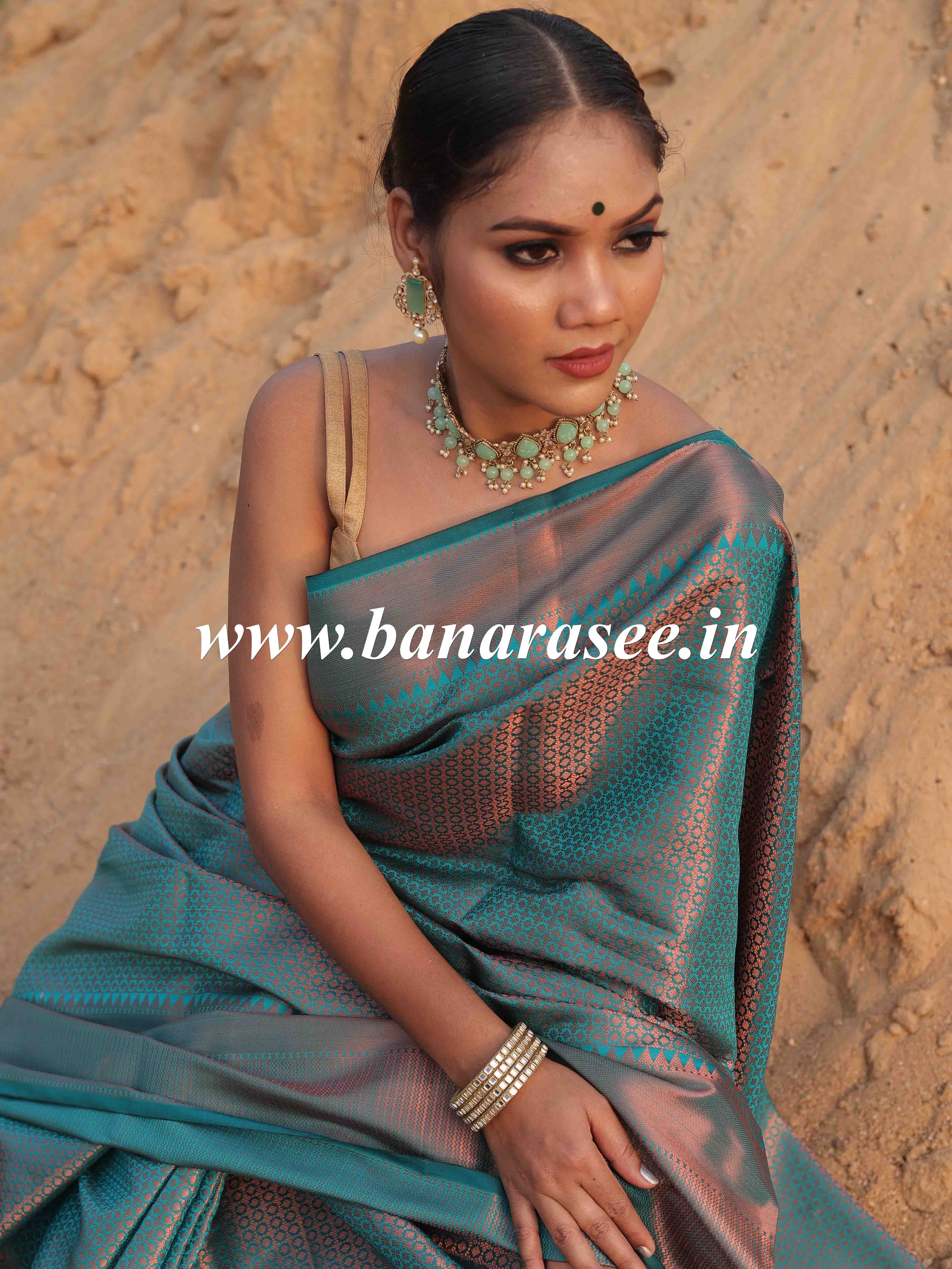 Banarasee Handwoven Semi Silk Saree With Copper Zari Design-Green