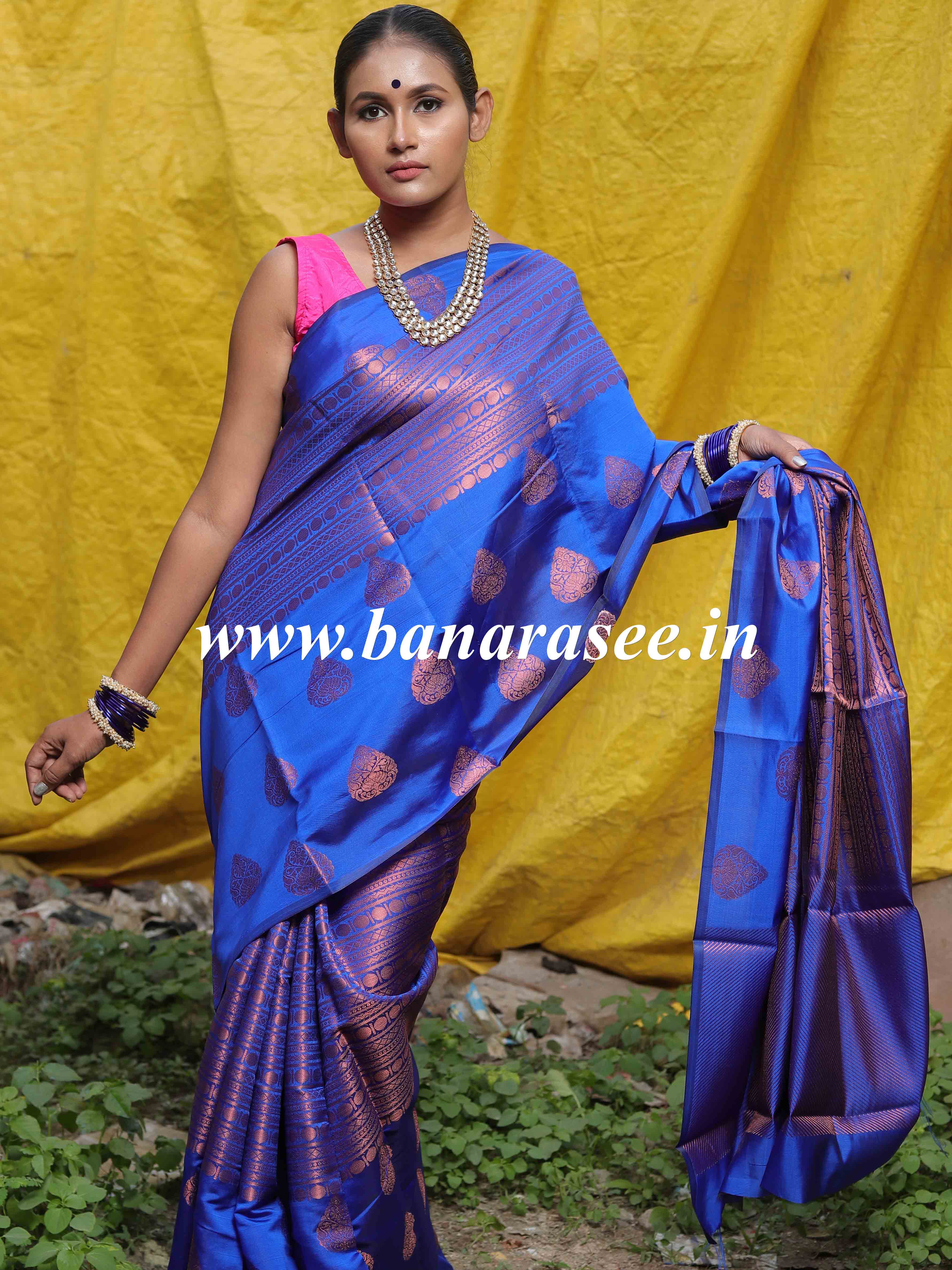 Banarasee Handwoven Semi Silk Saree With Copper Zari Buta Design-Royal Blue