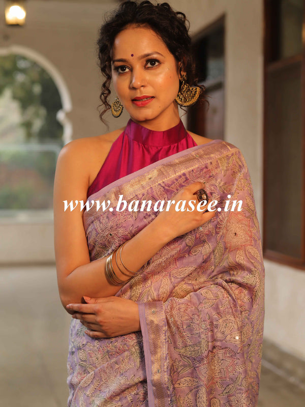 Handloom Maheshwari Silk Bagru Block Printed Mirror Work Saree-Lavender
