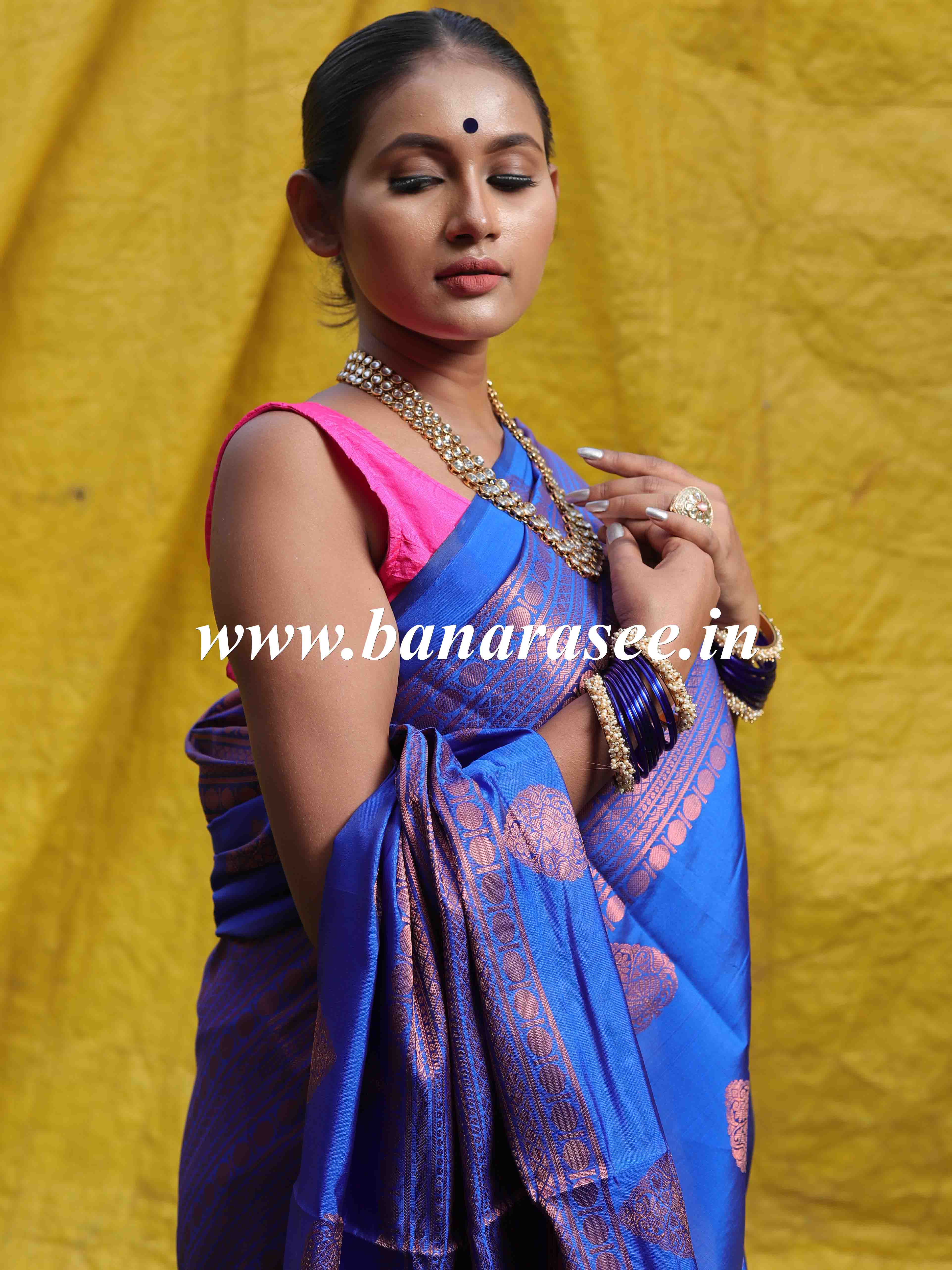 Banarasee Handwoven Semi Silk Saree With Copper Zari Buta Design-Royal Blue