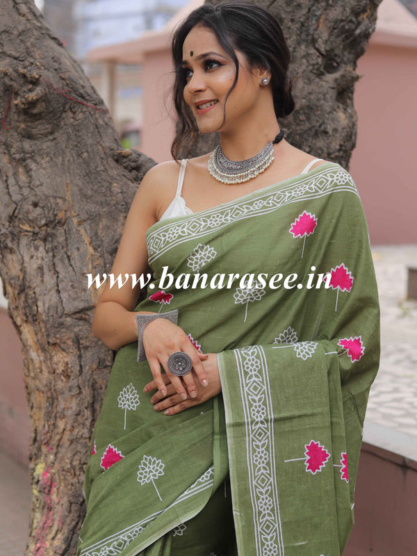 Handloom Mul Cotton Hand-block Print Saree-Green