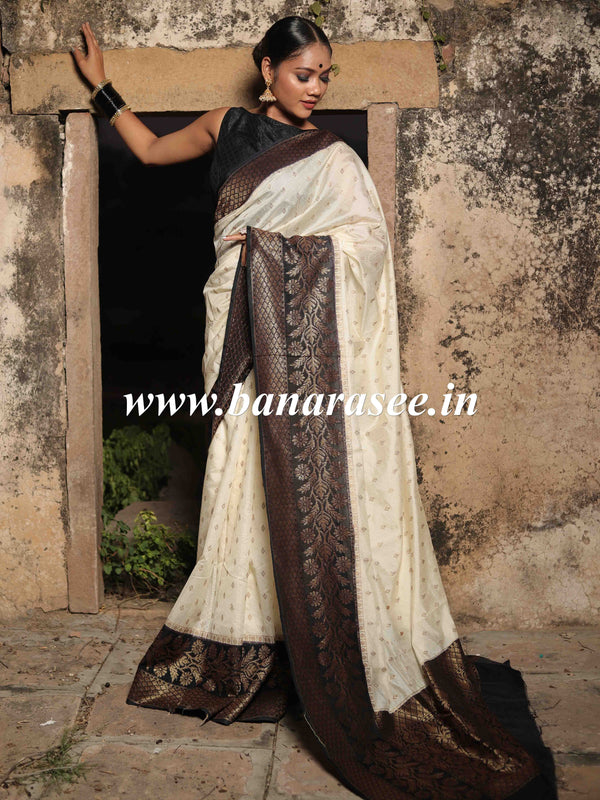 Banarasee Handwoven Semi Silk Saree With Contrast Border-White & Black