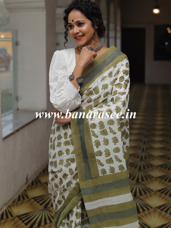 Handloom Mul Cotton Hand-block Print Saree-White