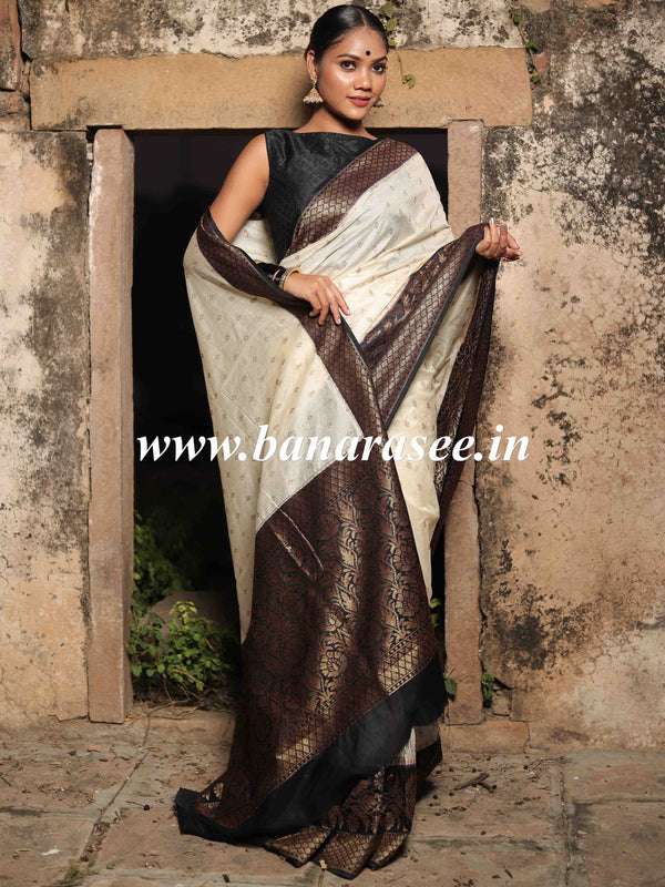 Banarasee Handwoven Semi Silk Saree With Contrast Border-White & Black