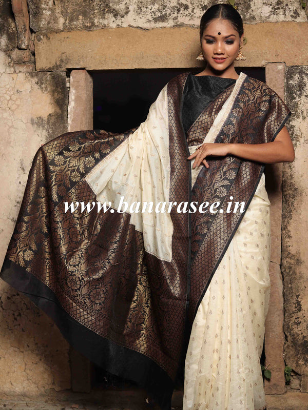 Banarasee Handwoven Semi Silk Saree With Contrast Border-White & Black
