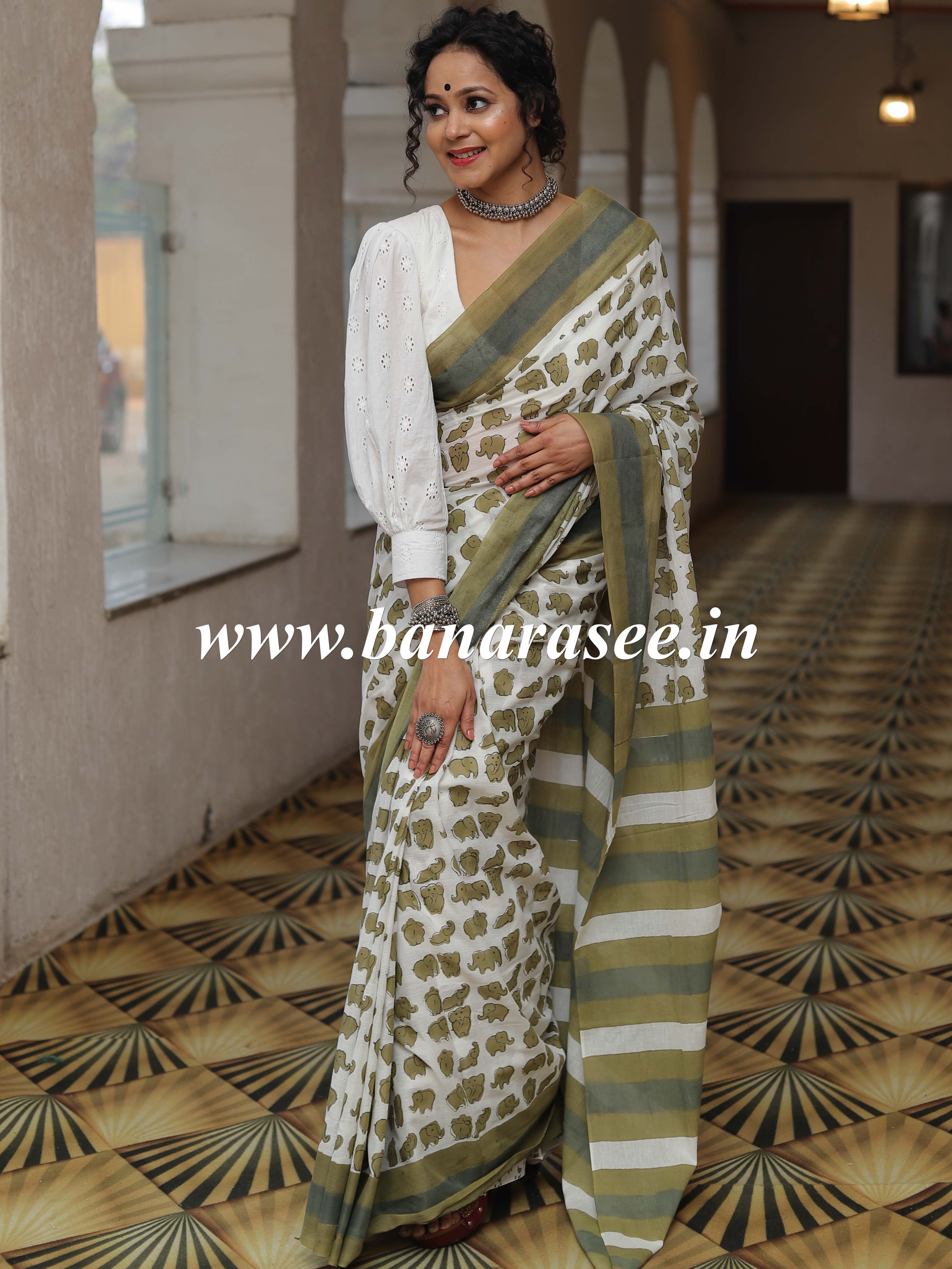Handloom Mul Cotton Hand-block Print Saree-White