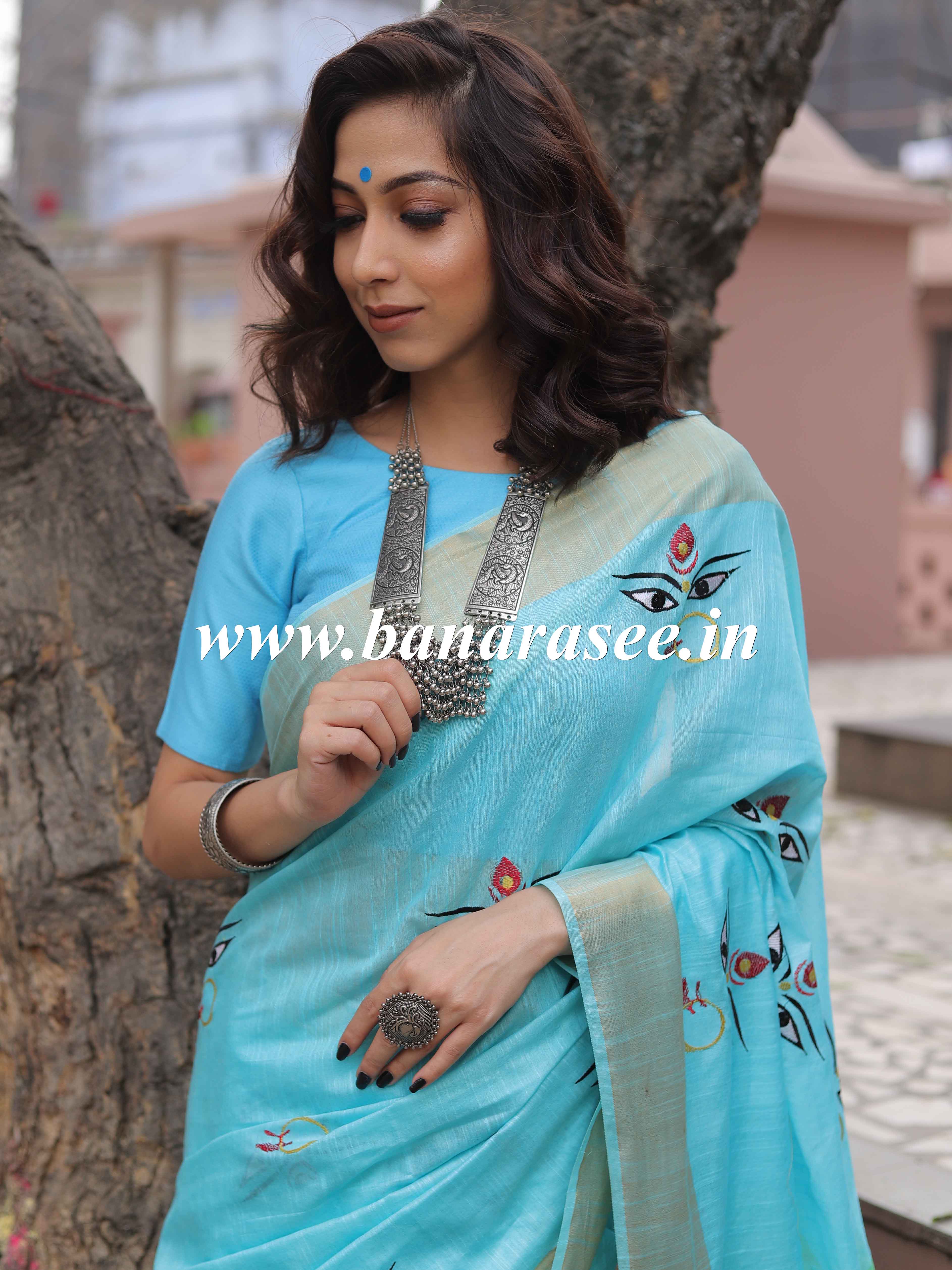 Bhagalpur Linen Cotton Resham Embroidered Saree-Blue