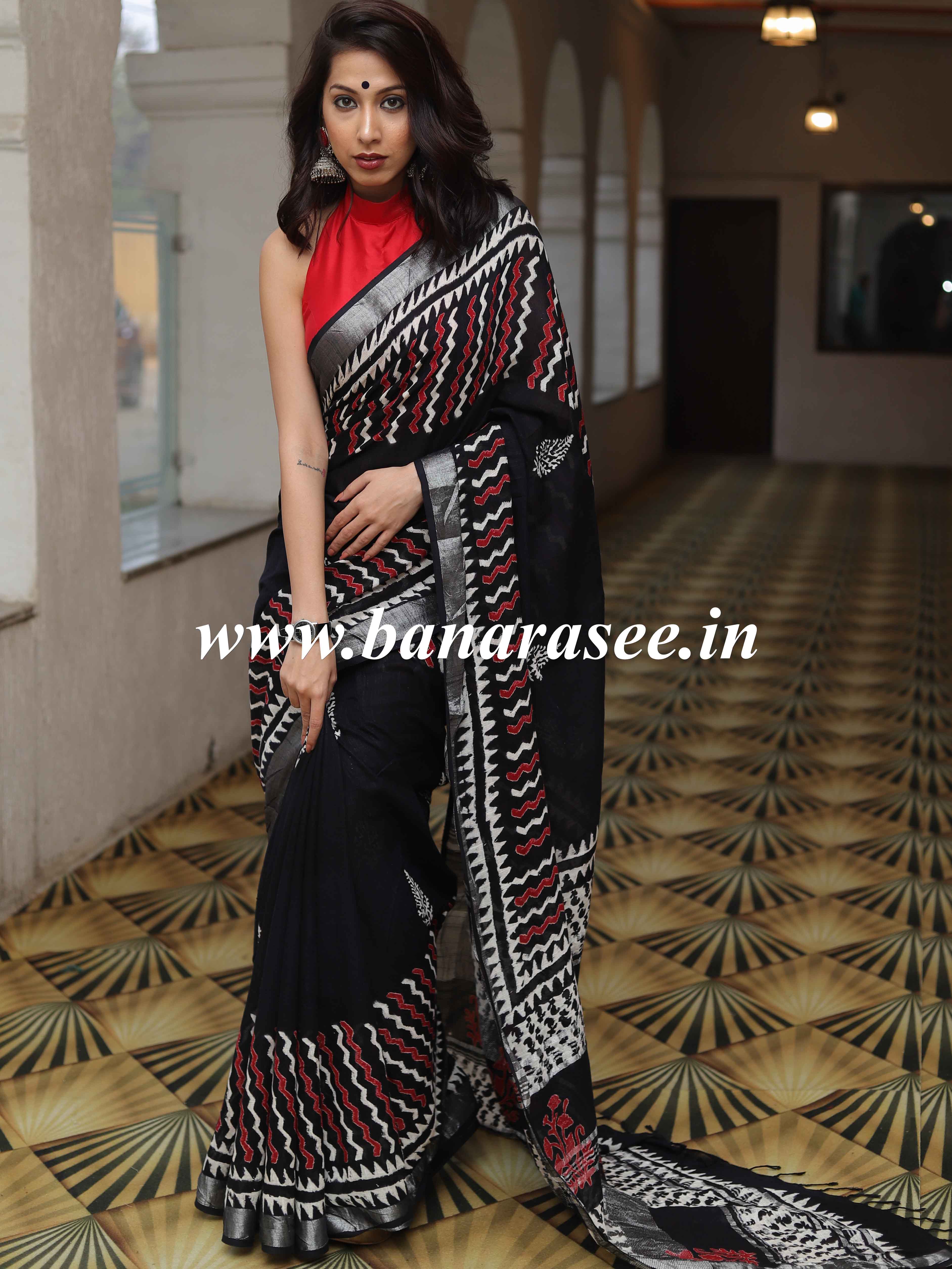 Linen Cotton Bagru Hand-Block Printed Saree-Black