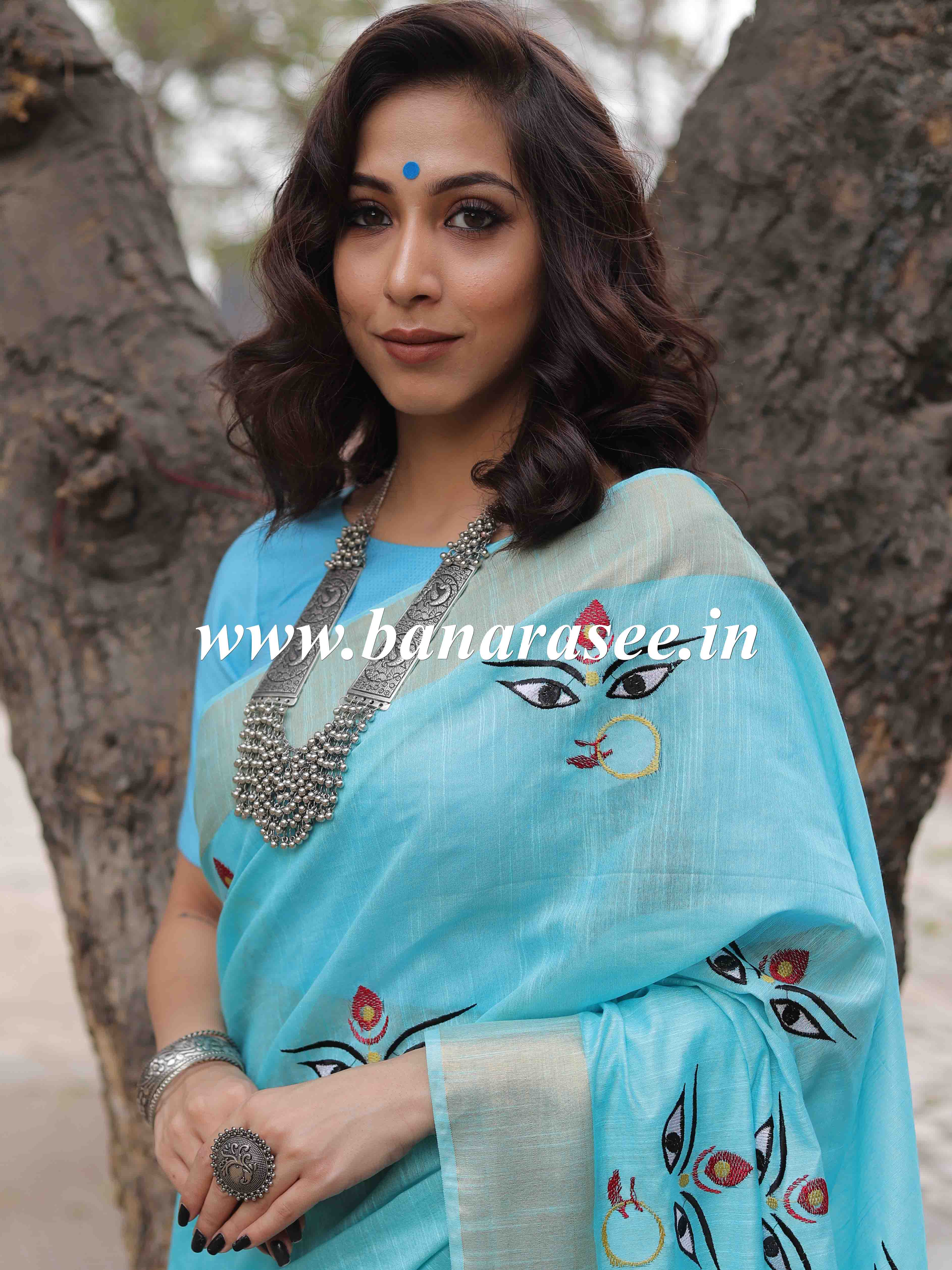 Bhagalpur Linen Cotton Resham Embroidered Saree-Blue