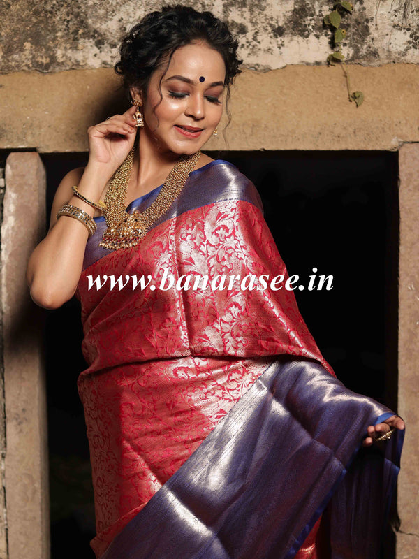 Banarasee Handwoven Semi Silk Saree With Floral Jaal & Contrast Broad Border-Red