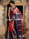 Banarasee Handwoven Semi Silk Saree With Floral Jaal & Contrast Broad Border-Red