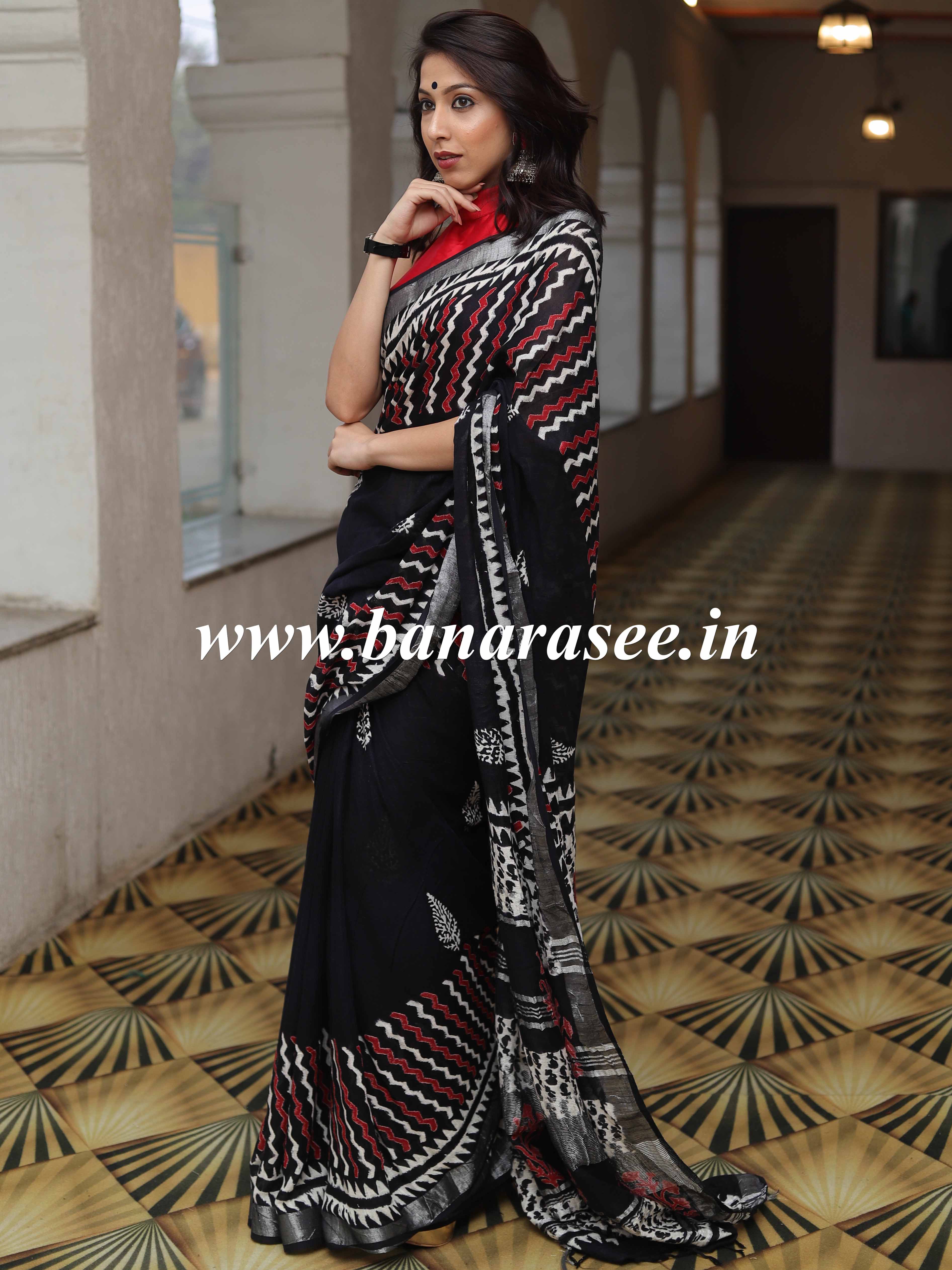 Linen Cotton Bagru Hand-Block Printed Saree-Black