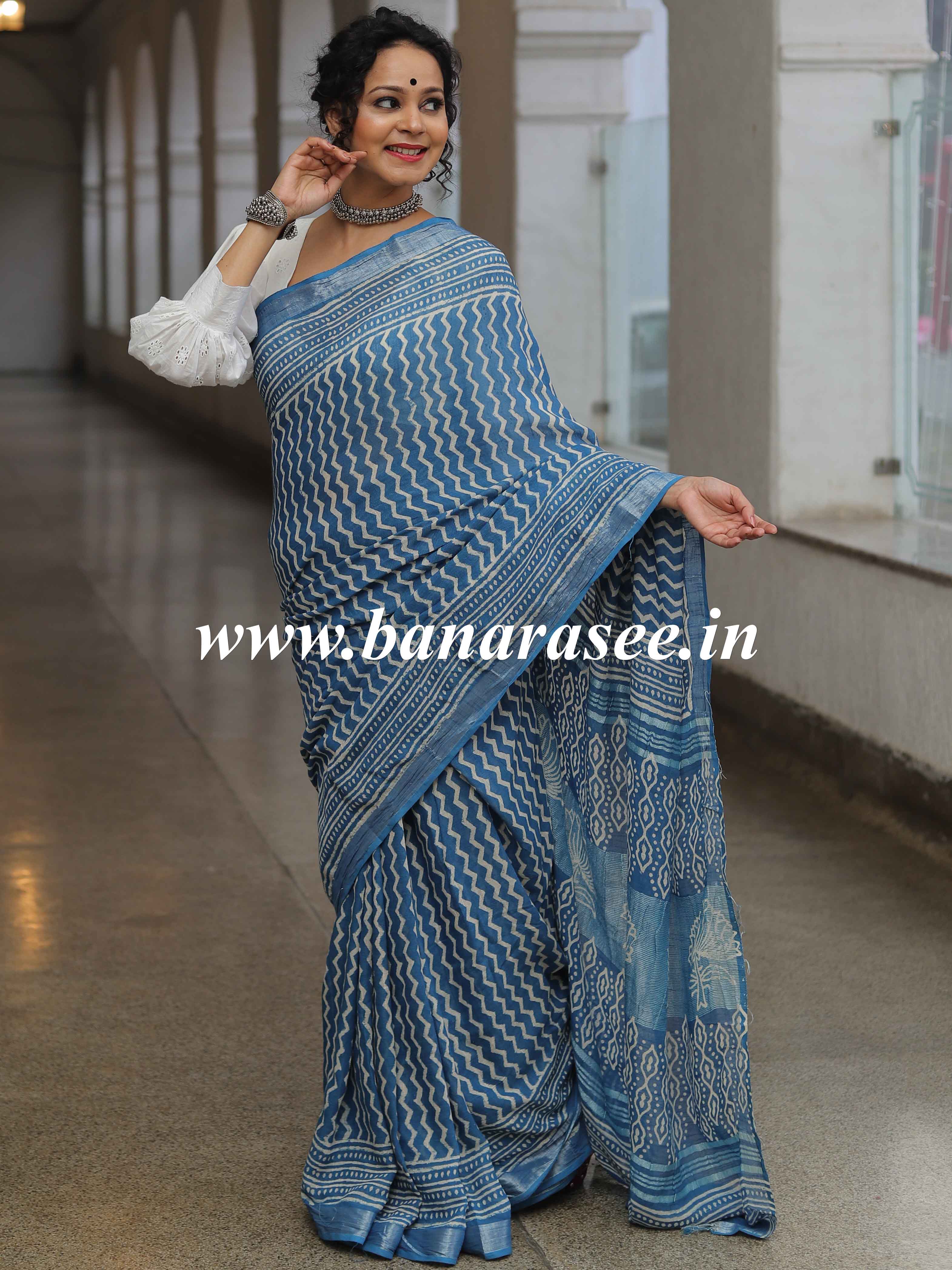 Linen Cotton Bagru Hand-Block Printed Saree-Pastel Blue