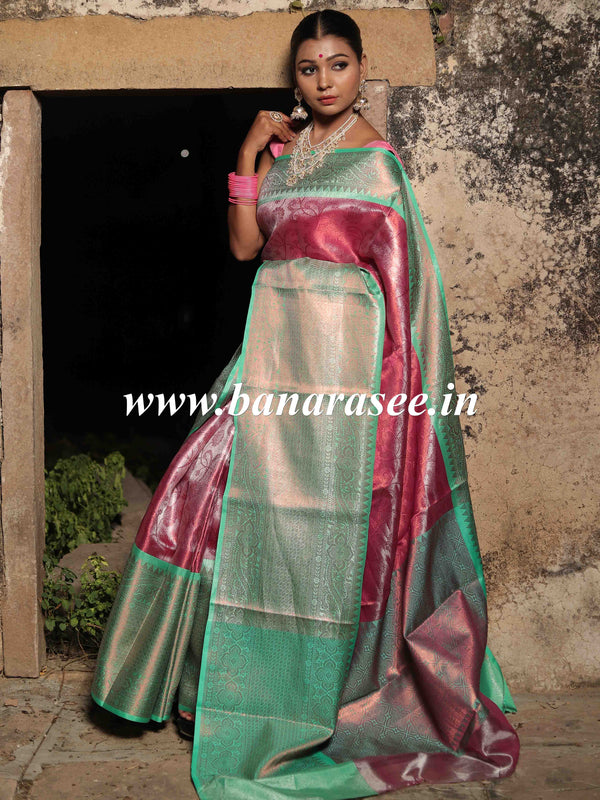Banarasee Handwoven Contrast Border Saree With Self Weaving Design-Pink