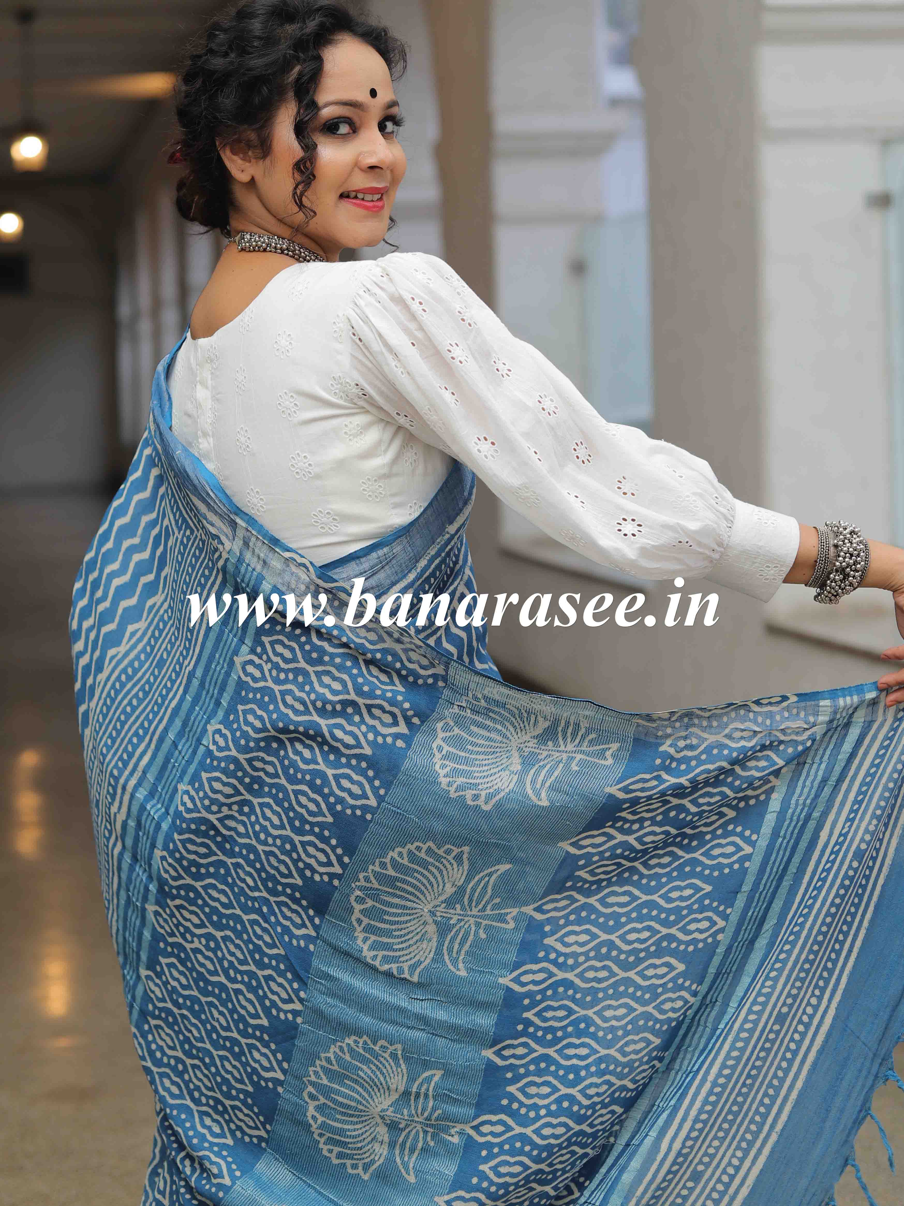 Linen Cotton Bagru Hand-Block Printed Saree-Pastel Blue