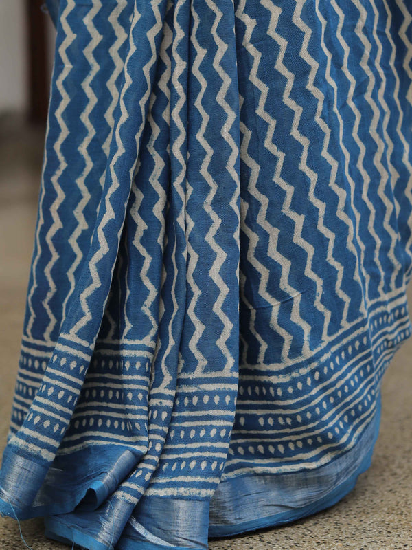 Linen Cotton Bagru Hand-Block Printed Saree-Pastel Blue