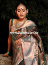 Banarasee Handwoven Semi Silk Saree With Self Weaving Copper Zari Design-Green