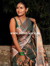 Banarasee Handwoven Semi Silk Saree With Self Weaving Copper Zari Design-Green