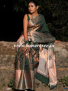 Banarasee Handwoven Semi Silk Saree With Self Weaving Copper Zari Design-Green