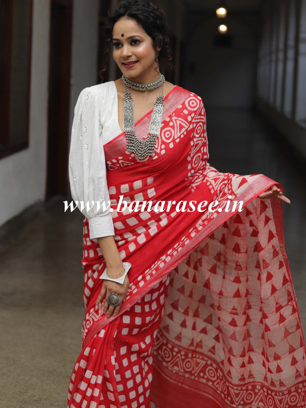 Linen Cotton Bagru Hand-Block Printed Saree-Red