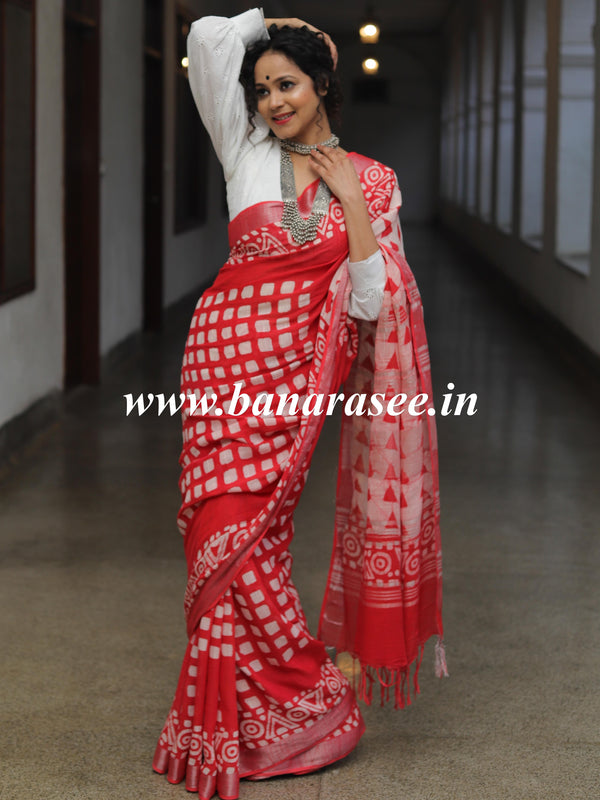 Linen Cotton Bagru Hand-Block Printed Saree-Red