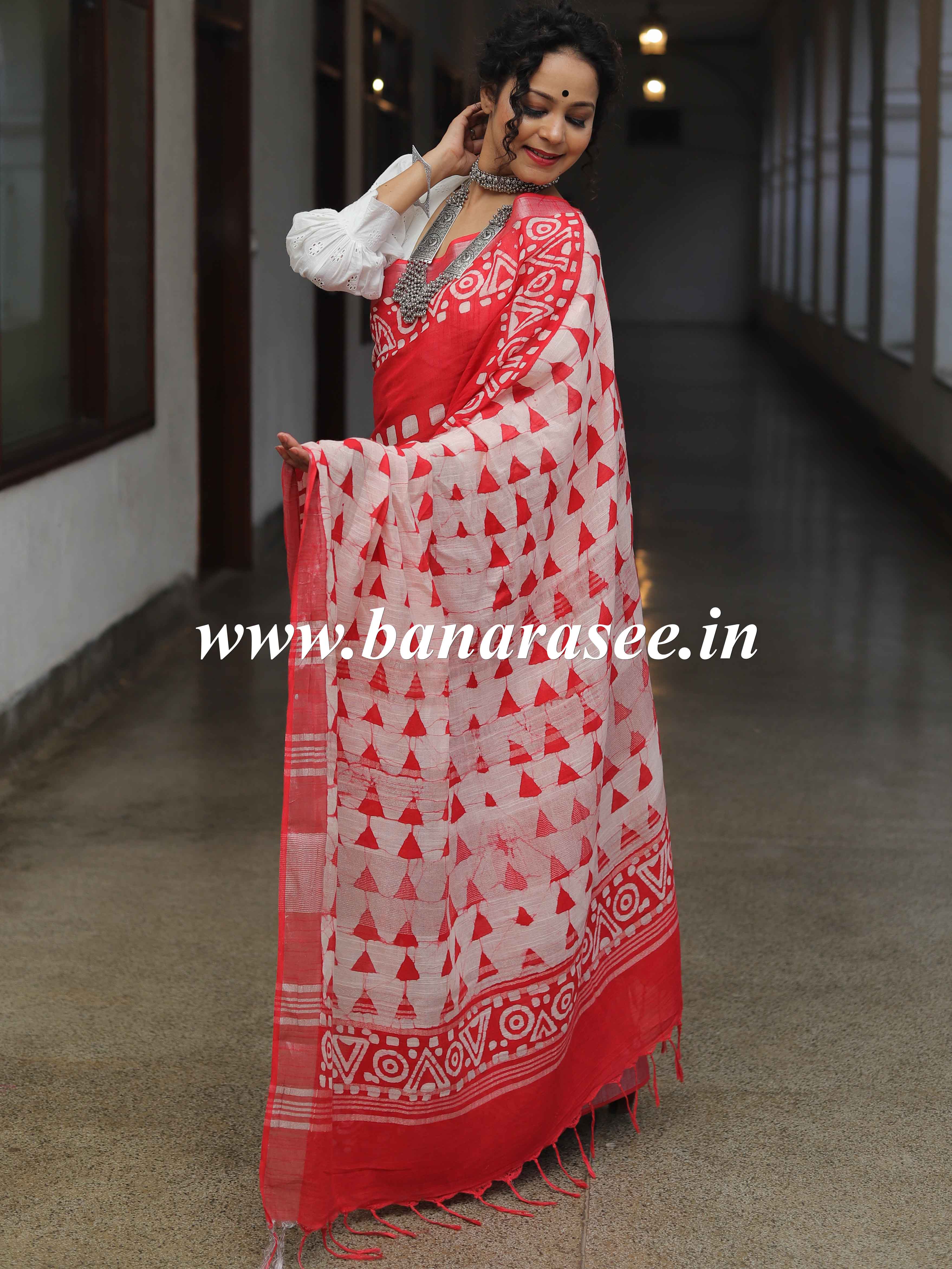 Linen Cotton Bagru Hand-Block Printed Saree-Red