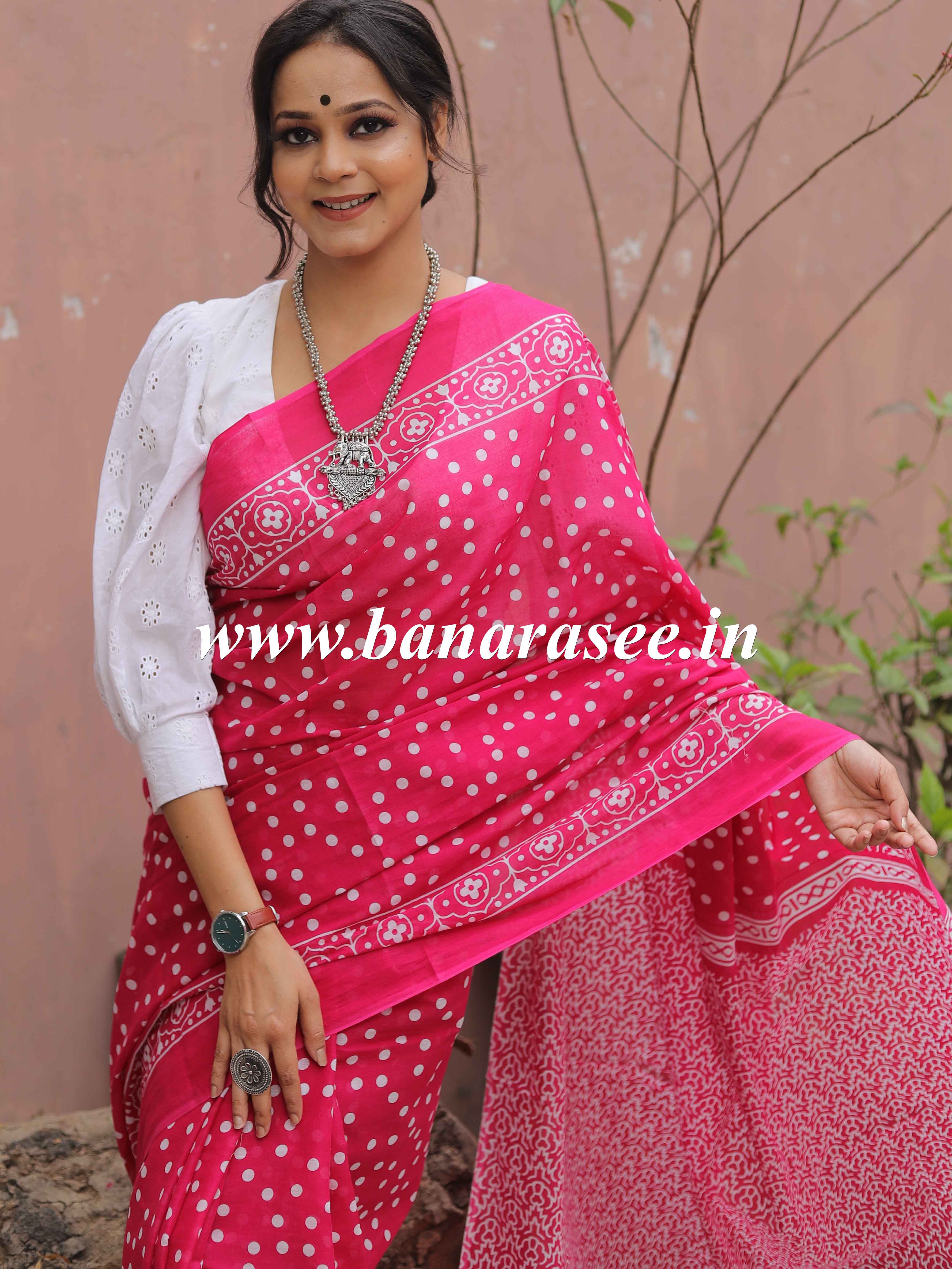 Handloom Mul Cotton Hand-block Print Saree-Pink