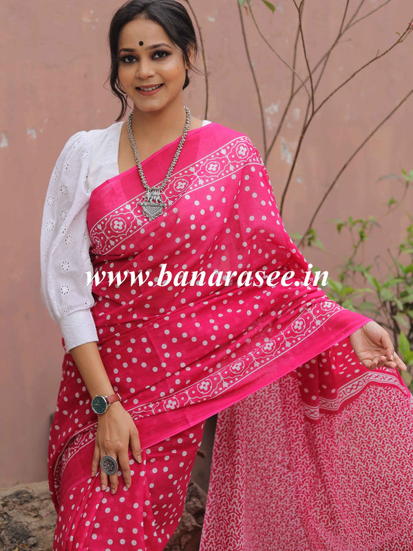 Handloom Mul Cotton Hand-block Print Saree-Pink