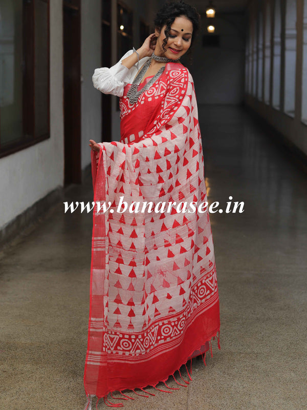 Linen Cotton Bagru Hand-Block Printed Saree-Red
