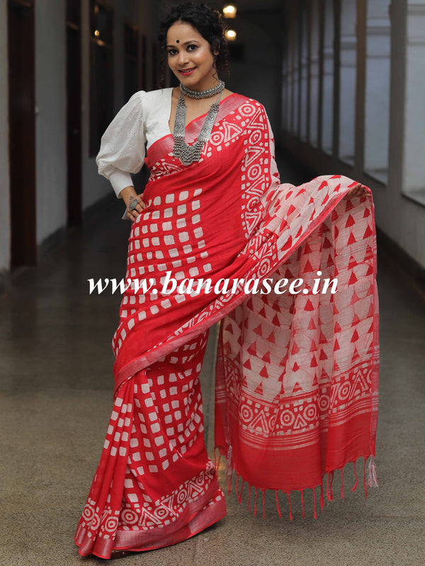 Linen Cotton Bagru Hand-Block Printed Saree-Red