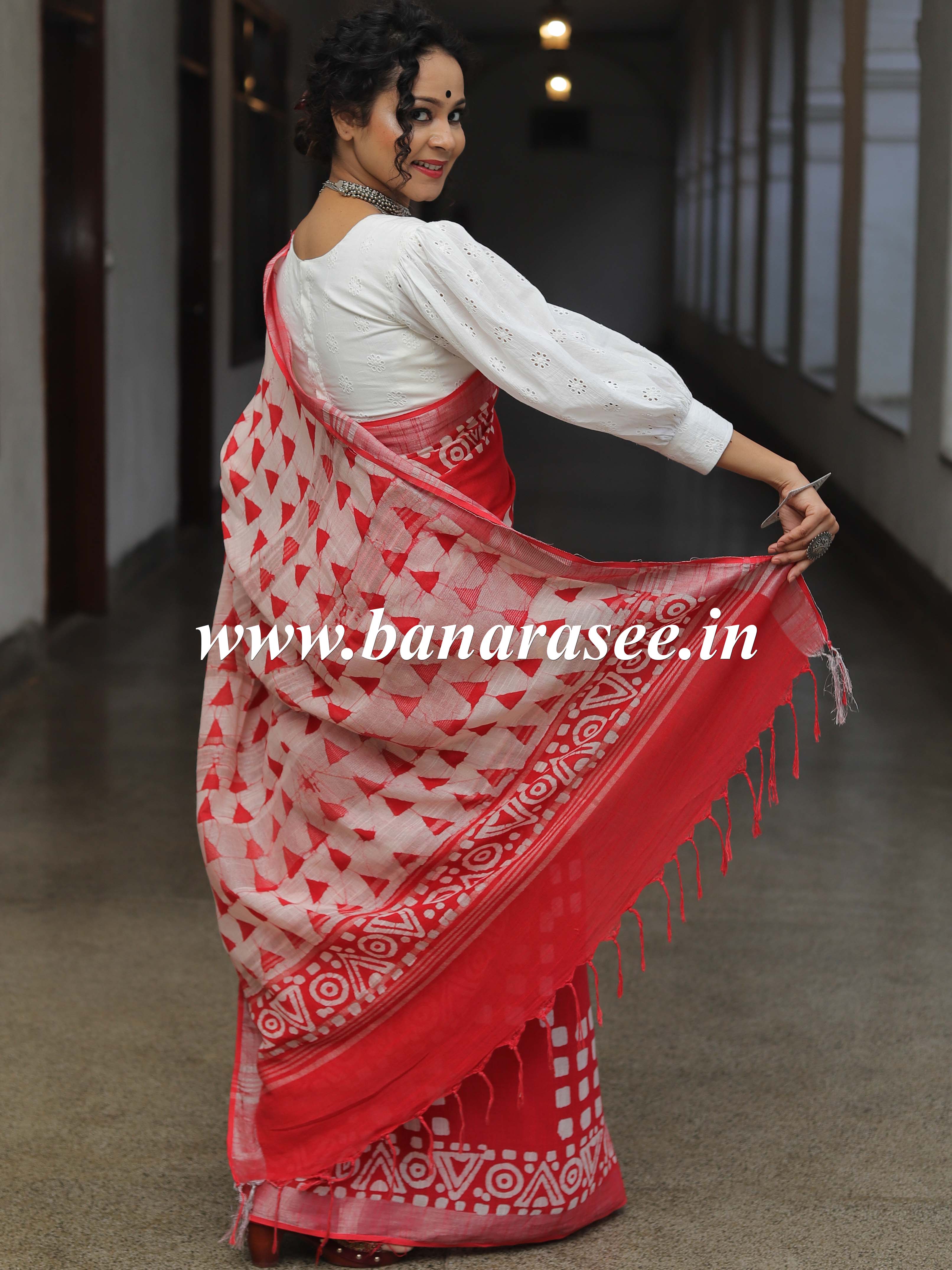 Linen Cotton Bagru Hand-Block Printed Saree-Red