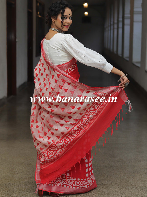 Linen Cotton Bagru Hand-Block Printed Saree-Red