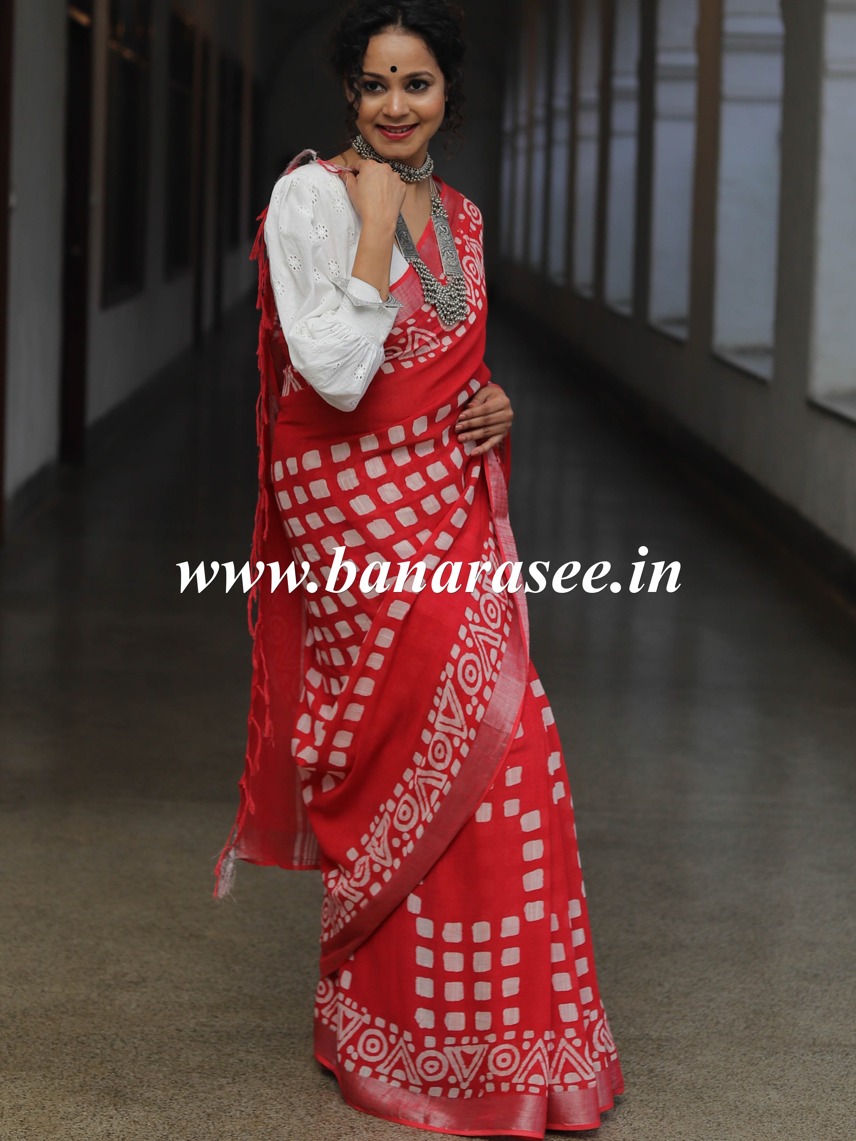 Linen Cotton Bagru Hand-Block Printed Saree-Red