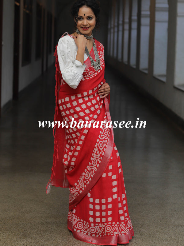 Linen Cotton Bagru Hand-Block Printed Saree-Red