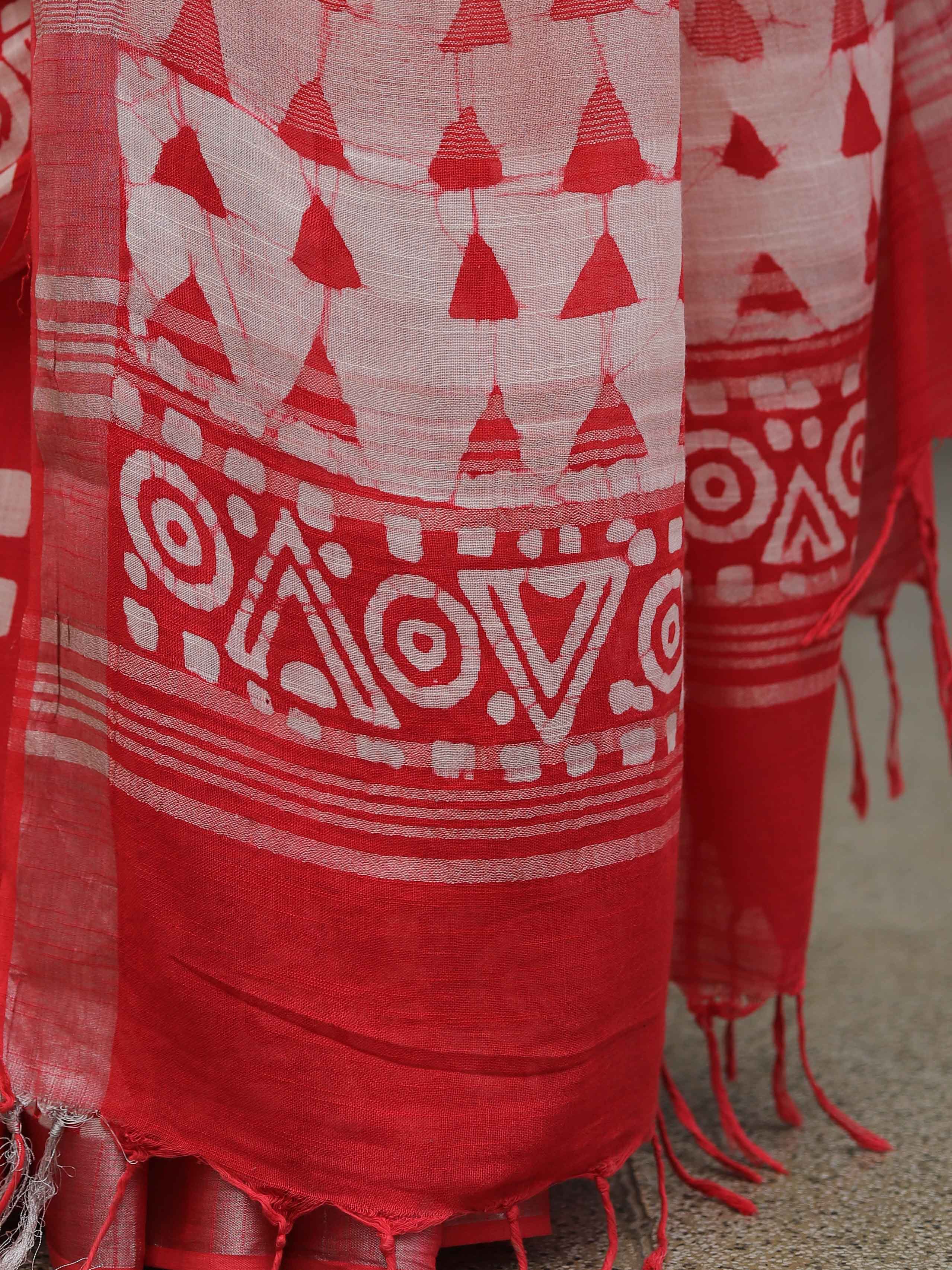 Linen Cotton Bagru Hand-Block Printed Saree-Red
