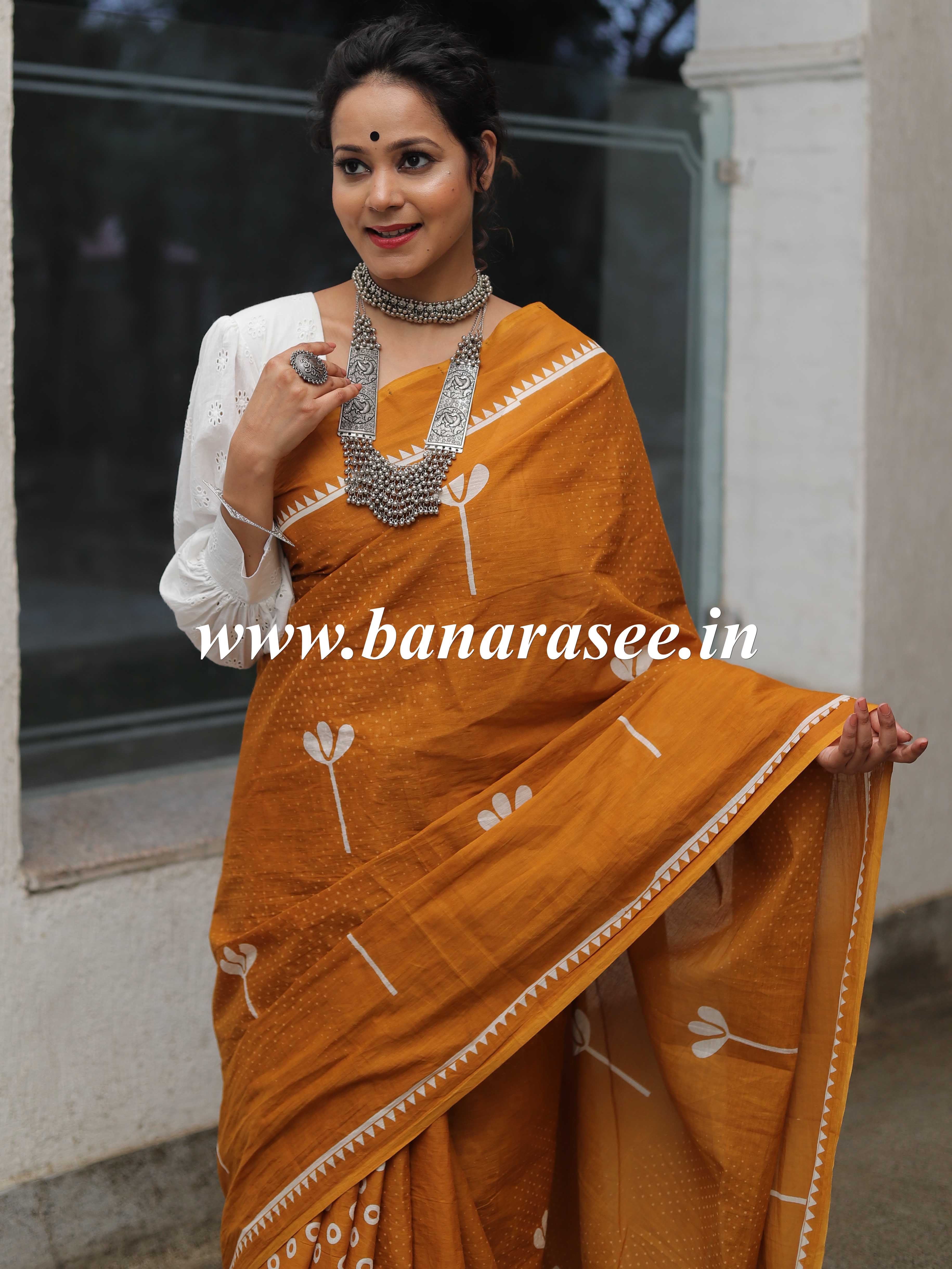 Handloom Mul Cotton Hand-block Print Saree-Yellow